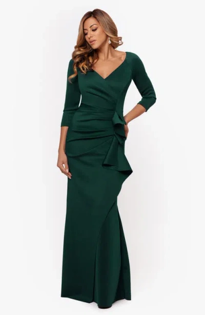 Xscape Evenings Ruched Scuba Knit Ruffle Gown