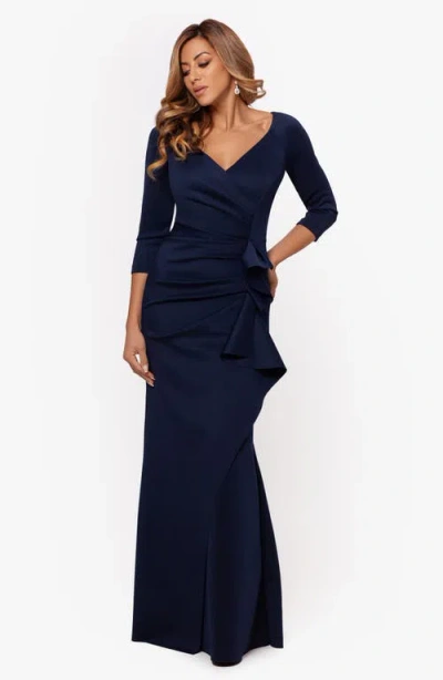 Xscape Evenings Ruched Scuba Knit Ruffle Gown