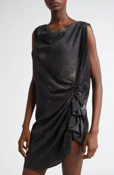 Dries Van Noten Floral Asymmetric Ruched Cascade Ruffle Sleeveless Silk Top