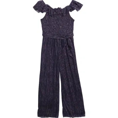 Zunie Kids' Metallic Ruffle Smocked Bodice Jumpsuit In Black