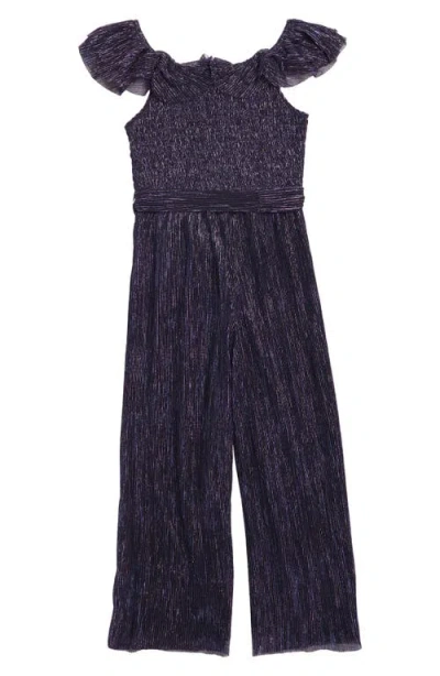 Zunie Kids' Metallic Ruffle Smocked Bodice Jumpsuit In Black