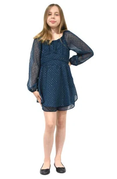 Zunie Kids' Metallic Long Sleeve Clip Dot Chiffon Party Dress In Blue