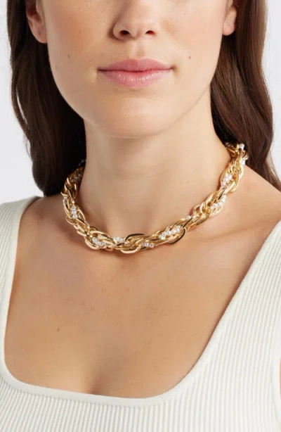 Open Edit Faux Pearl Wrapped Chain Necklace