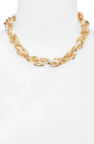 Open Edit Faux Pearl Wrapped Chain Necklace