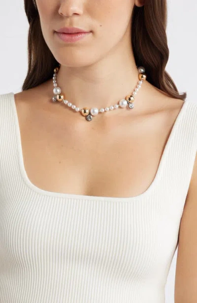 Open Edit Faux Pearl Crystal Station Necklace