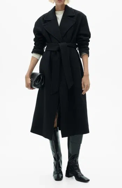 Mango Traviata Tie Belt Wool Blend Coat In Black