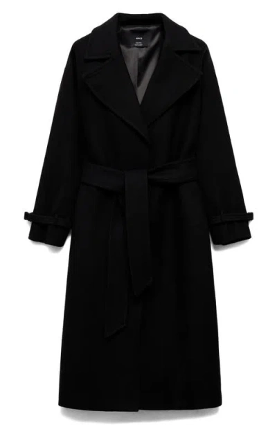 Mango Traviata Tie Belt Wool Blend Coat In Black