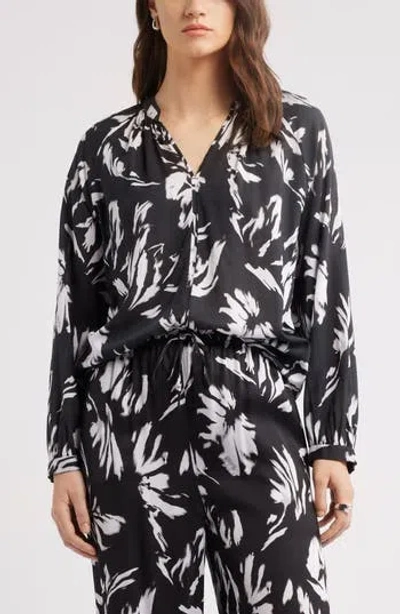 Nordstrom Floral Shirred Button-up Shirt In Black