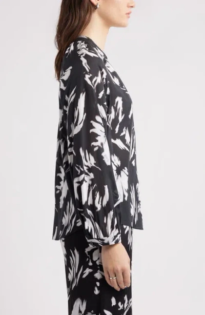 Nordstrom Floral Shirred Button-up Shirt In Black