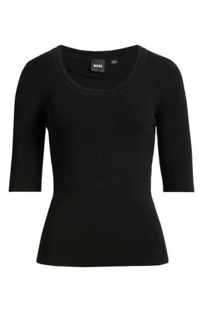 Hugo Boss Square-neck Short-sleeved Sweater In Ribbed Stretch Fabric