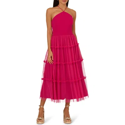 Adrianna Papell Mixed Media Tiered Cocktail Midi Dress