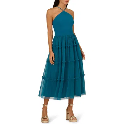 Adrianna Papell Mixed Media Tiered Cocktail Midi Dress