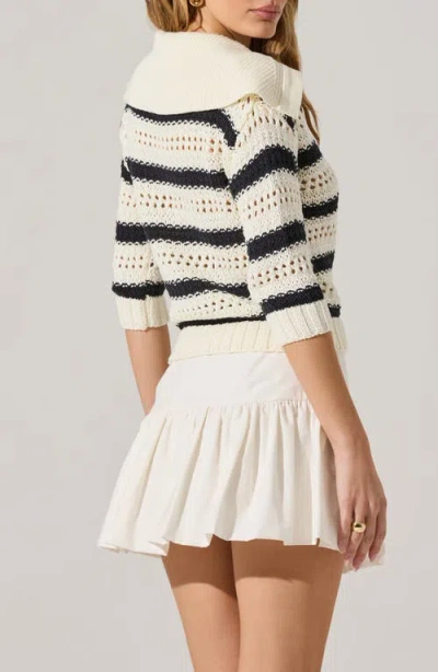Astr The Label Stripe Open Stitch Cotton Blend Polo Sweater