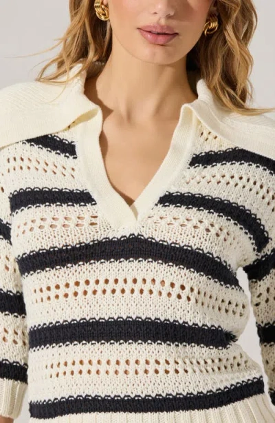 Astr The Label Stripe Open Stitch Cotton Blend Polo Sweater