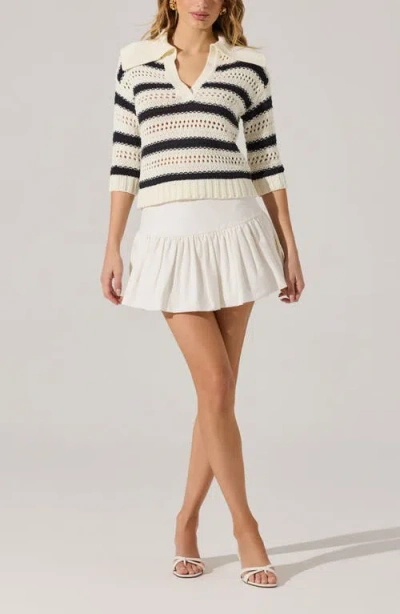 Astr The Label Stripe Open Stitch Cotton Blend Polo Sweater