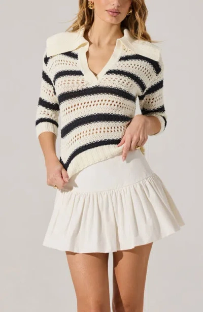 Astr The Label Stripe Open Stitch Cotton Blend Polo Sweater