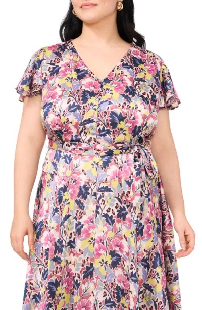 Vince Camuto Floral Flutter Sleeve Asymmetric Midi Dress