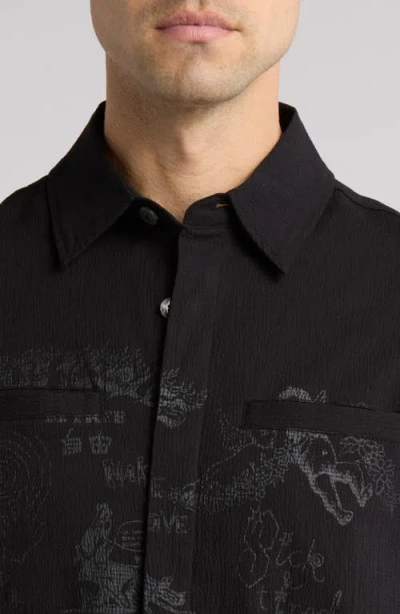Jungles Scribbles Short Sleeve Cotton Seersucker Button-up Shirt