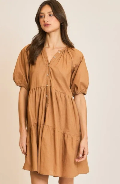 Wishlist Button Front Tiered Dress In Brown
