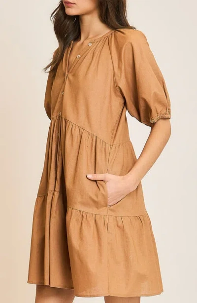Wishlist Button Front Tiered Dress In Brown