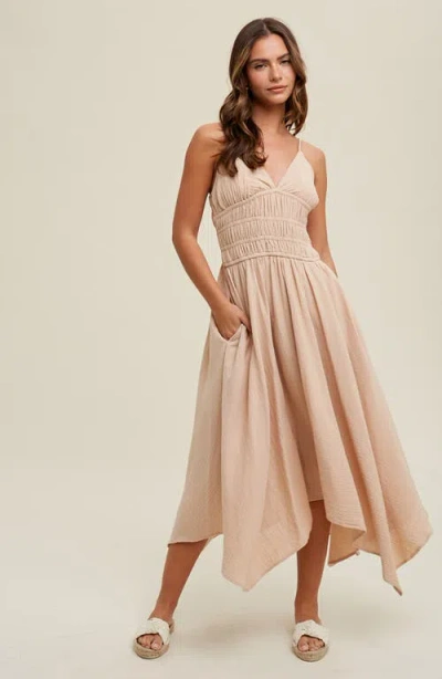 Wishlist Smocked Handkerchief Hem Midi Dress In Pink