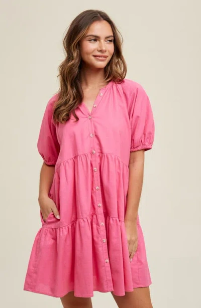 Wishlist Button Front Tiered Dress In Pink