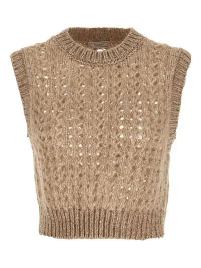 Peserico Lurex Tricot Vest Gilet Beige