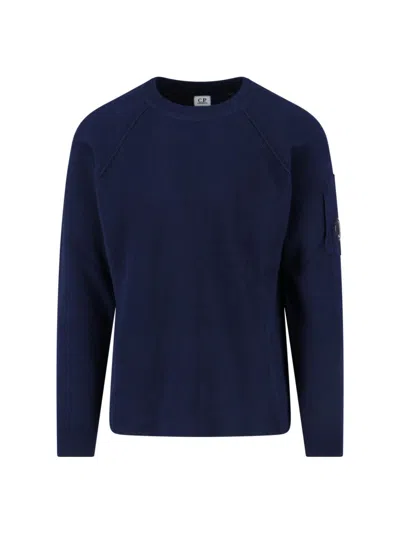C.p. Company Crewneck Sweater With Arm Pocket And Raglan Sleeves In Blue