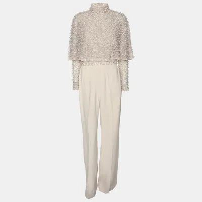 Pre-owned Elie Saab Light Beige Crepe And Lace Pearl Embellished Jumpsuit S In Pink