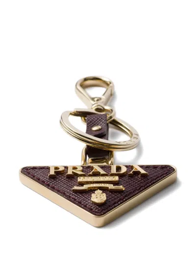 Prada Saffiano Leather And Metal Keychain In Brown