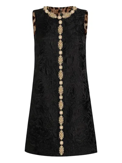 Dolce & Gabbana Peony Brocade Embellished Mini Dress In Black