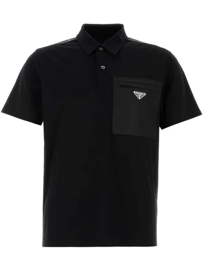Prada Cotton Bi-material Polo Shirt In Black