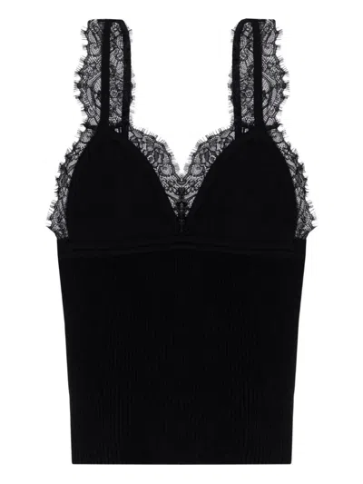 Blumarine Lace-trimmed Ribbed Top In Black