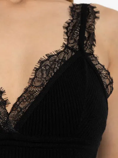 Blumarine Lace-trimmed Ribbed Top In Black