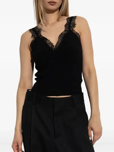 Blumarine Lace-trimmed Ribbed Top In Black