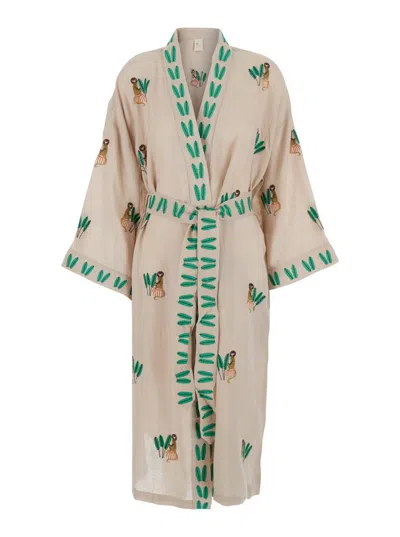 Nimo With Love Beige Cardigan With All-over Applied Embroidery And Waist Belt
