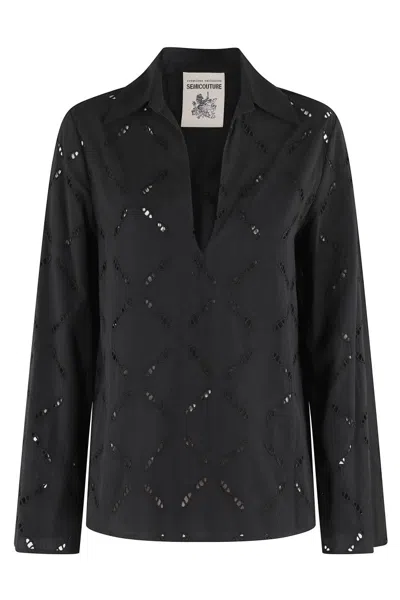 Semicouture Semi Couture Angelina Blouse With V-neck And Embroidered Detail In Blue