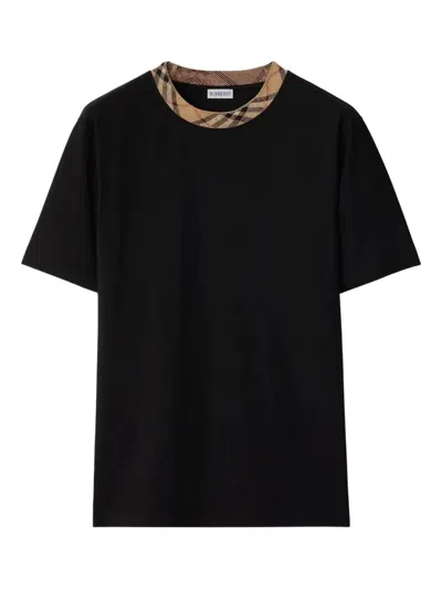 Burberry Black Cotton T-shirt With Check Finishes Men In Black