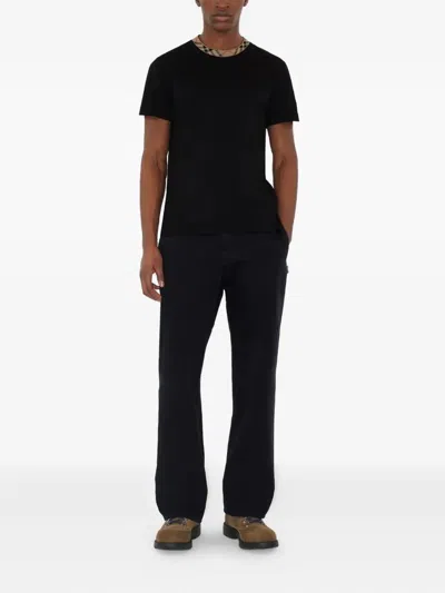 Burberry Black Cotton T-shirt With Check Finishes Men In Black