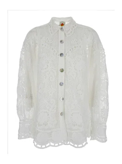 Farm Rio 'swan Lake' White Shirt With Classic Collar And All-over Lace Embroidery In White