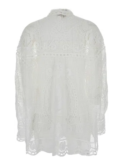 Farm Rio 'swan Lake' White Shirt With Classic Collar And All-over Lace Embroidery In White