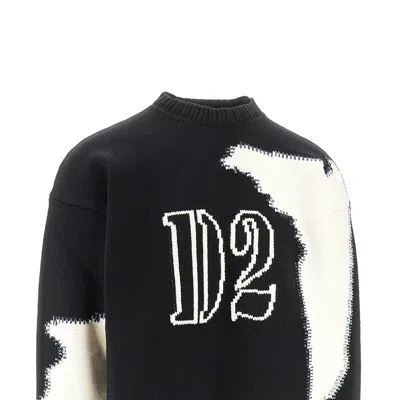 Dsquared2 Crew Neck Sweater With Bold Intarsia Pattern In Black