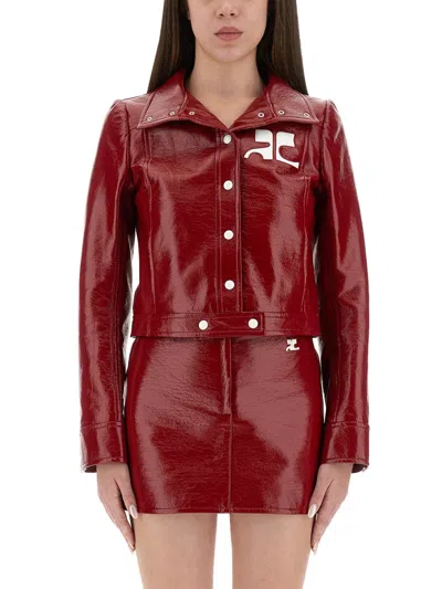 Courrèges Long-sleeved Logo Leather Jacket In Red