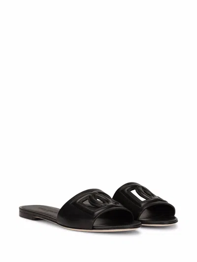 Dolce & Gabbana Dg Logo Leather Flat Sandals In Black