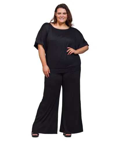 24seven Comfort Apparel Plus Size Boat Neck Top And Wide Leg Pants Set
