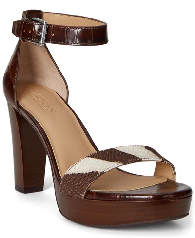 Ralph Lauren Sylvia Zebra-print-trim Embossed Sandal In Brown