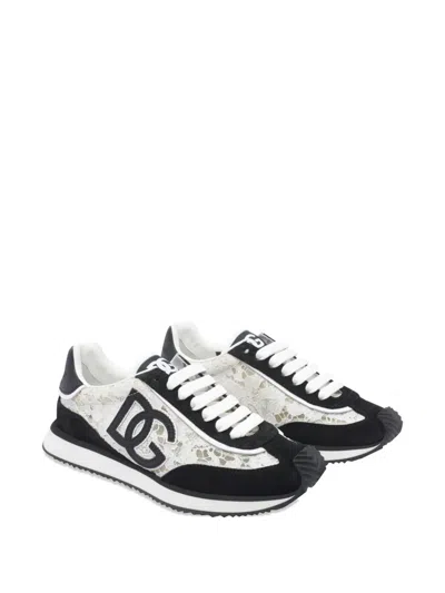 Dolce & Gabbana Black And White Low Top With Lace Details And Dg Patch On The Side In Black