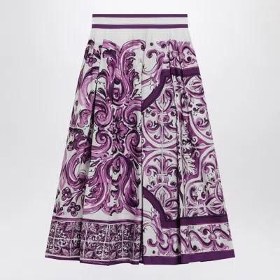 Dolce & Gabbana Purple Maiolica Print Skirt In Poplin In Purple