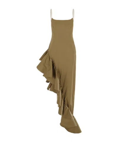 Giuseppe Di Morabito Cotton Dress With Asymmetric Hem And Ruffled Detail In Green