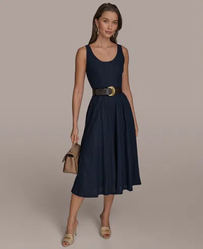 Donna Karan New York Belted Linen Blend Dress In Blue